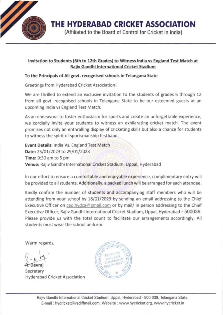 the Hyderabad Cricket Association (HCA) has extended a special invitation to students in grades 6 to 12 from all government -recognized schools in Telangana State.