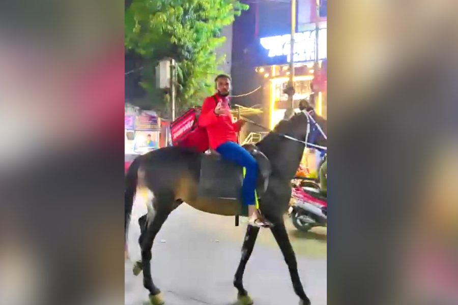 A Zomato delivery boy in Hyderabad, having waited for three hours at a petrol bunk, decided to deliver food on horseback.