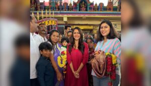 Actress Mrunal Thakur offers prayers at Yellamma temple in Balkampet before ‘Family Star’ release