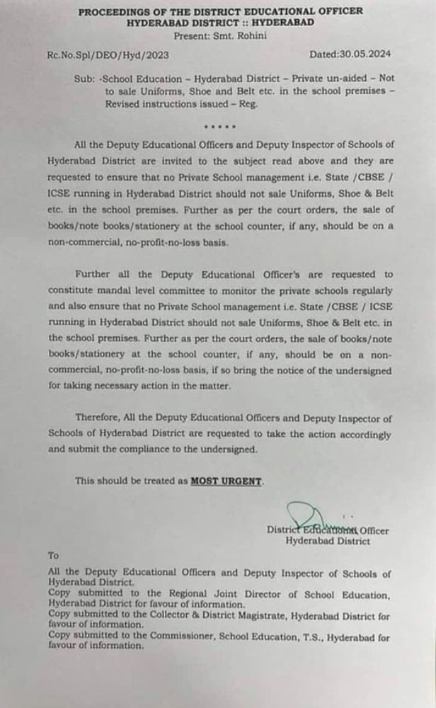Deo Rohini Enforces Ban On Sale Of Uniforms And Shoes In Hyderabad Schools.
