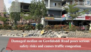 Damaged median on Gowlidoddi road endangers lives, causes traffic jams