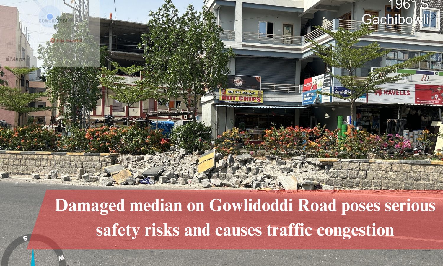Damaged Median On Gowlidoddi Road Poses Serious Safety Risks And Causes Traffic Congestion